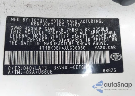 2010 Toyota Camry Xle V6 из США, поврежденный, VIN 4T1BK3EK4AU608060